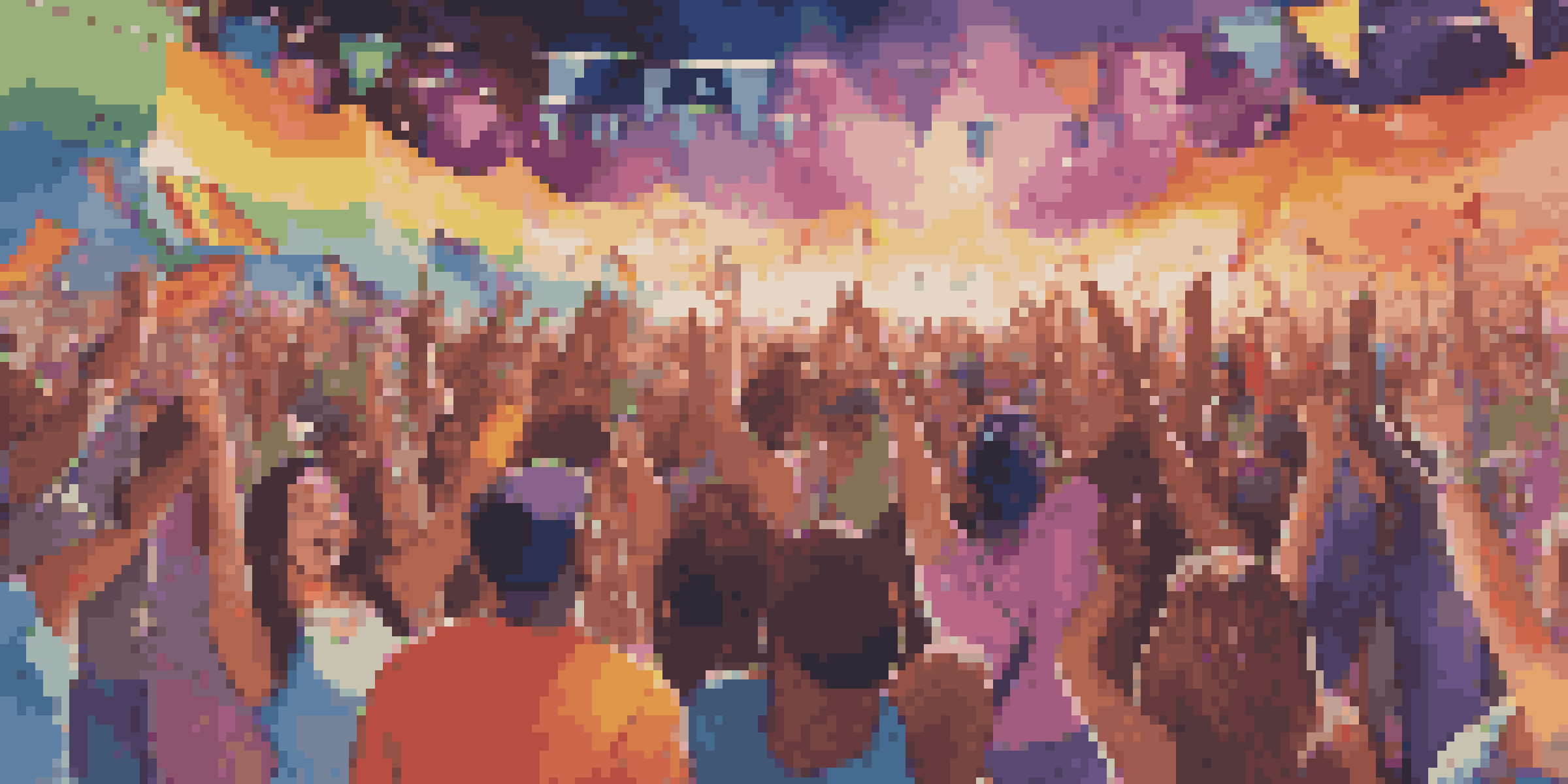A lively music festival with a diverse crowd dancing and celebrating their identities, featuring colorful outfits and a stage with bright lights.