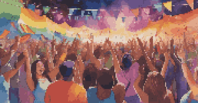 A lively music festival with a diverse crowd dancing and celebrating their identities, featuring colorful outfits and a stage with bright lights.