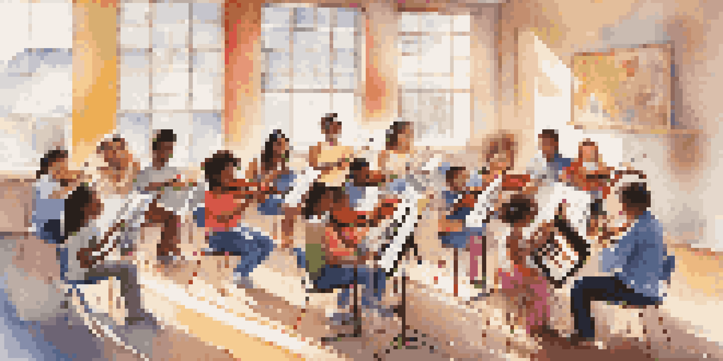 A diverse group of students in a sunlit room, learning music together with various instruments and colorful sheet music, depicting joy and collaboration.