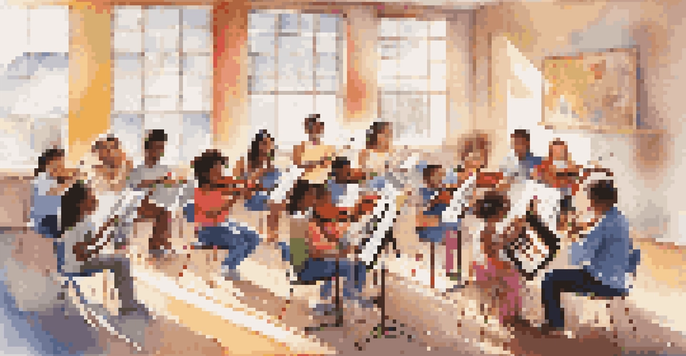 A diverse group of students in a sunlit room, learning music together with various instruments and colorful sheet music, depicting joy and collaboration.