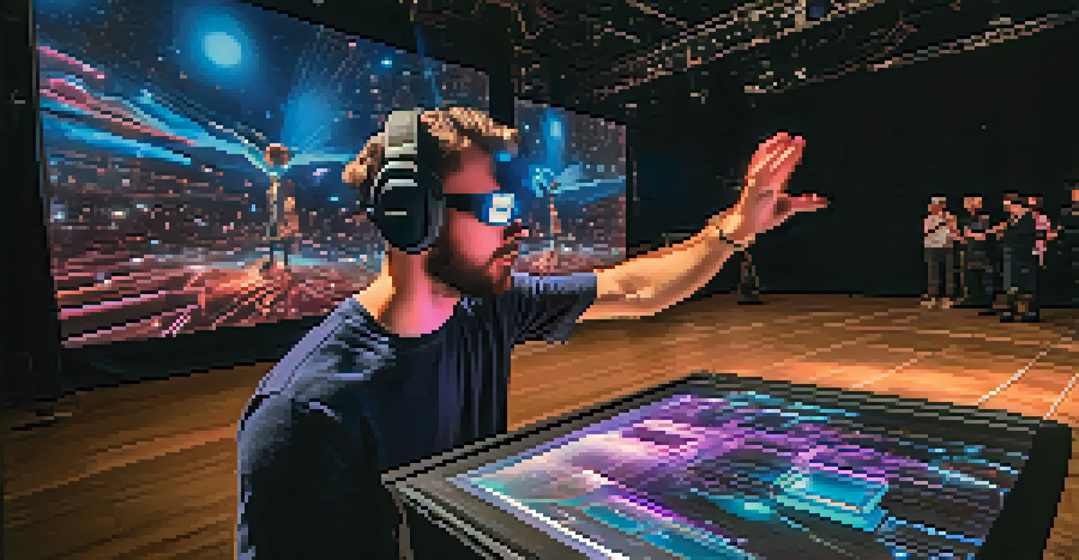 An electronic artist wearing augmented reality glasses, engaging with holographic visuals during a live performance.