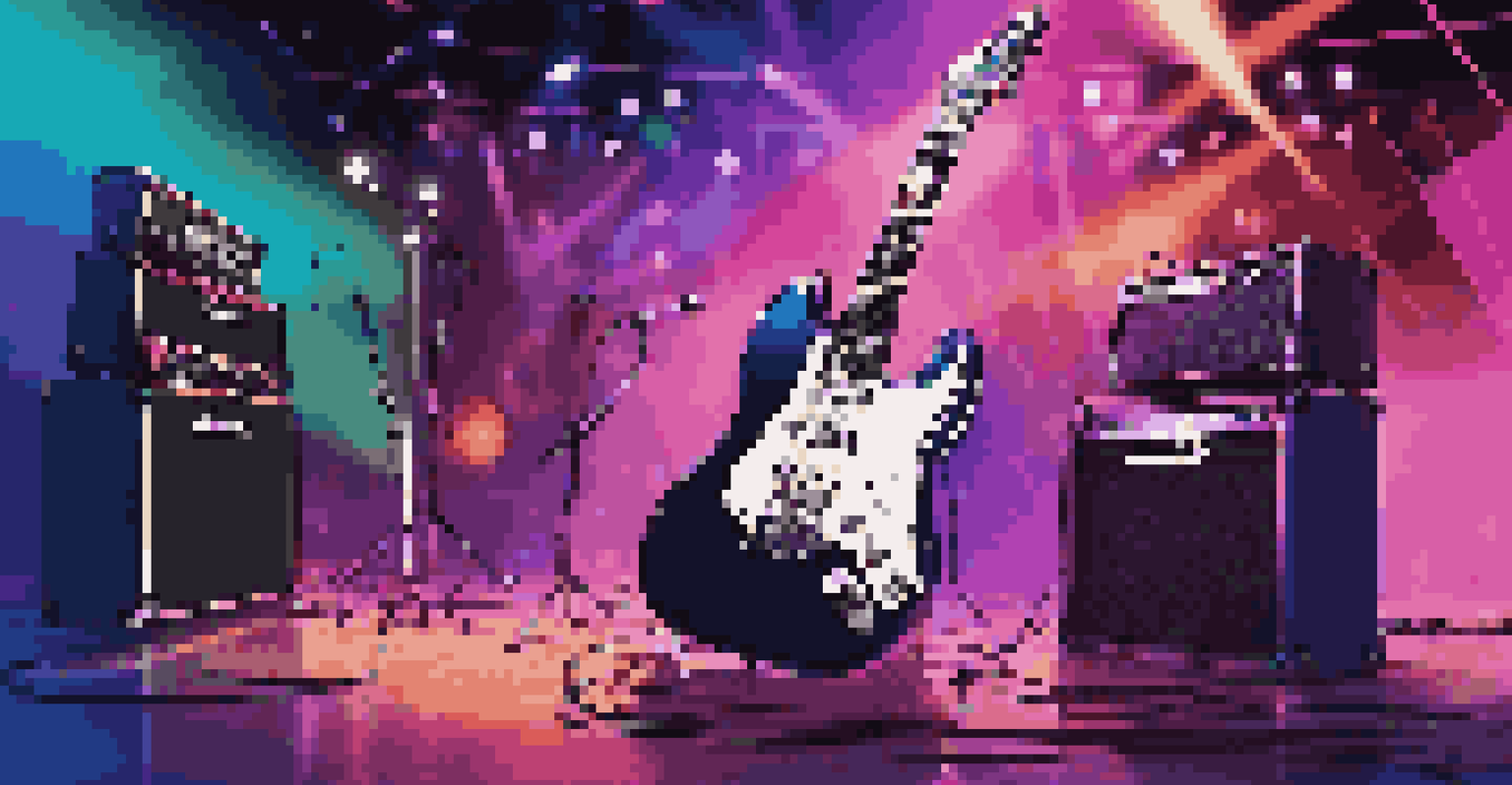 An electric guitar on stage with colorful lights and effects pedals, surrounded by a blurred crowd.
