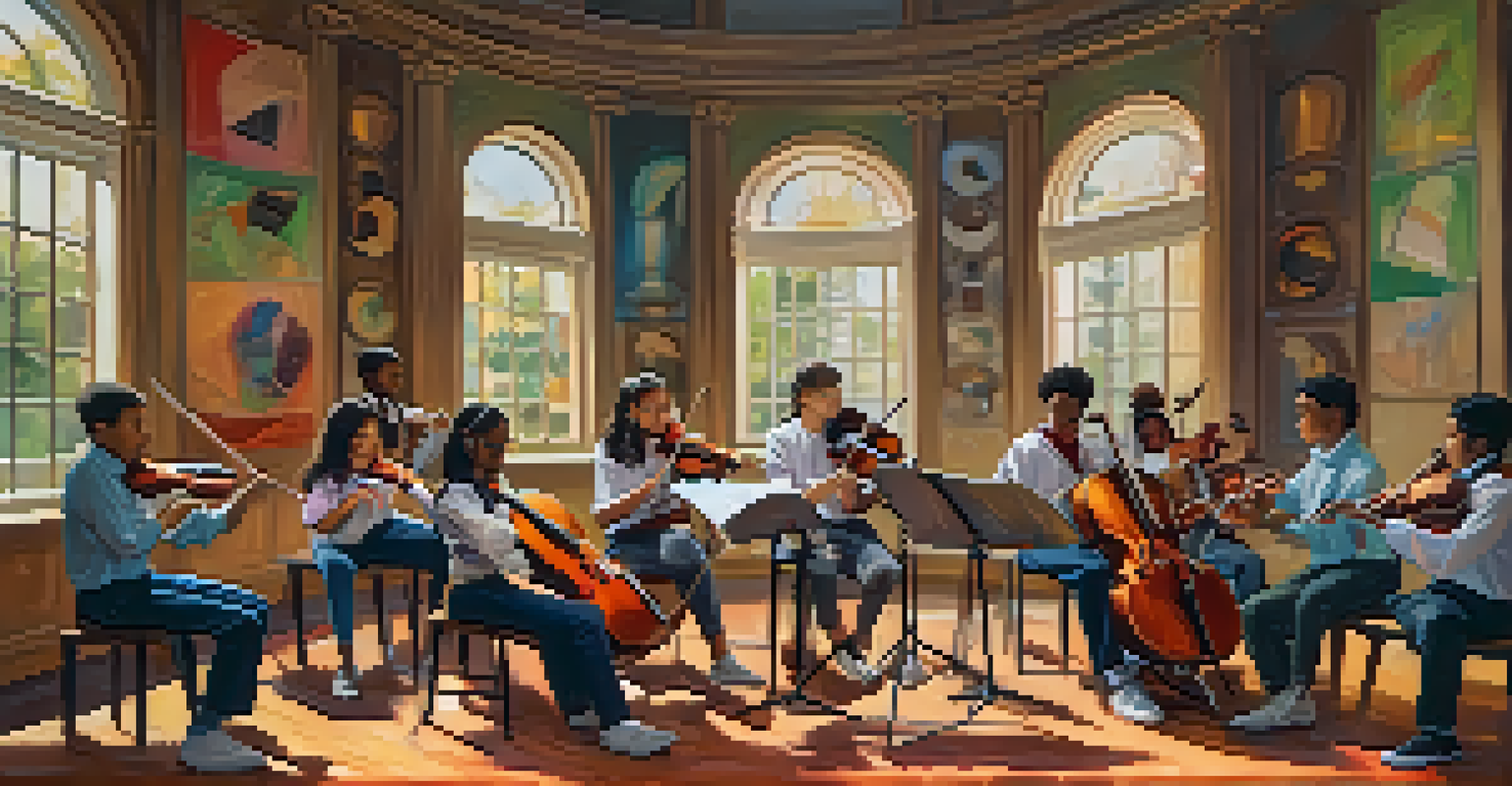Students collaborating in a music session, playing different instruments together in a friendly environment.