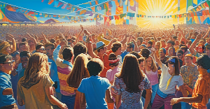 A lively 1960s music festival with a diverse crowd dancing and enjoying rock music under a bright blue sky.