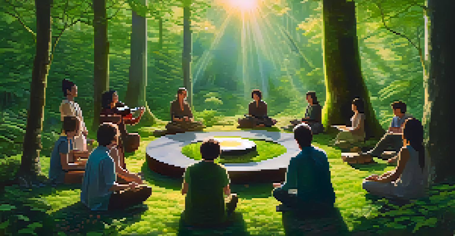A peaceful healing ritual in a forest, with participants gathered in a circle and a musician playing a handpan, surrounded by natural beauty.