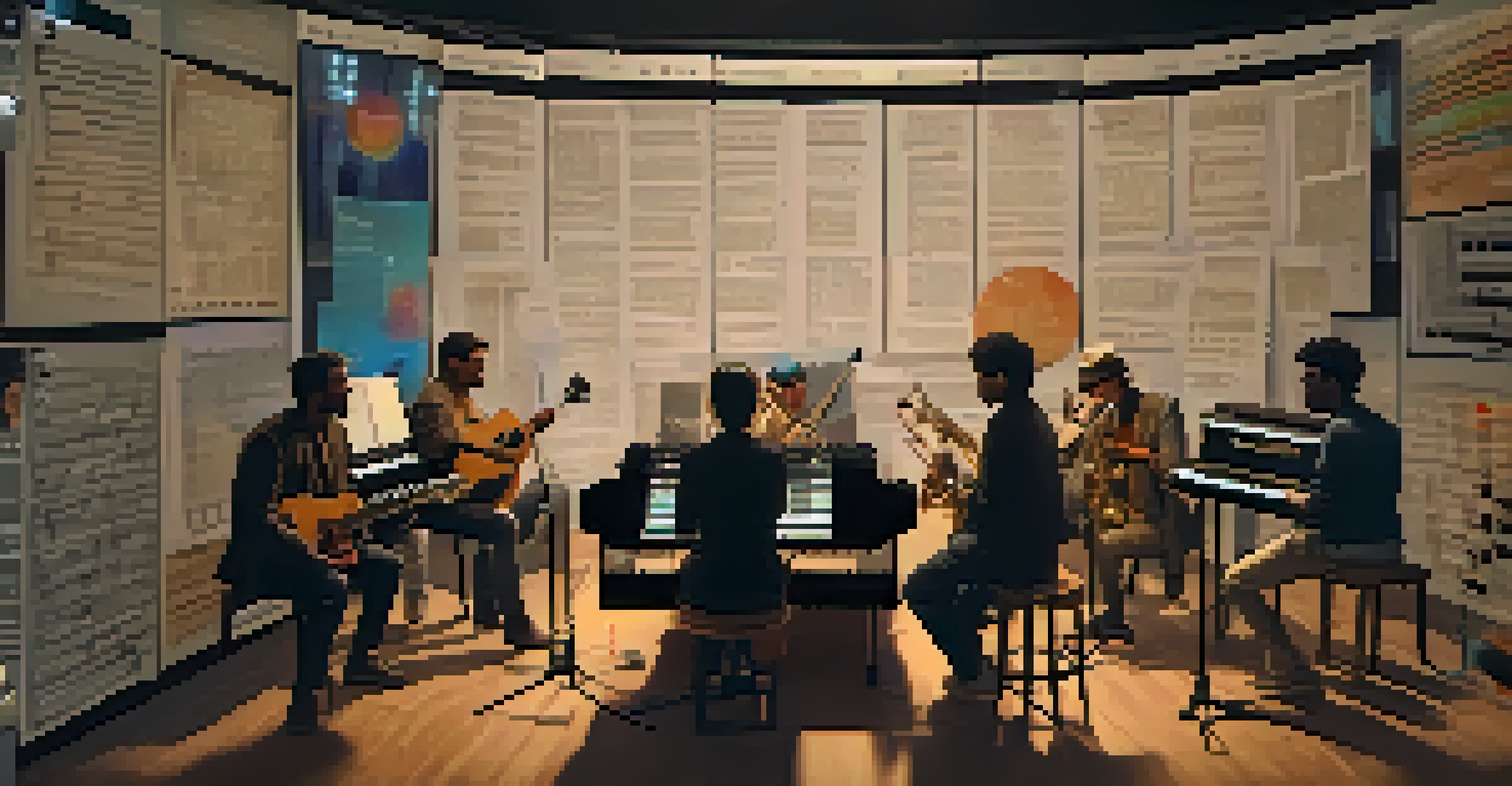 Musicians from different countries collaborating on a music composition through virtual screens, with musical notes in the background.