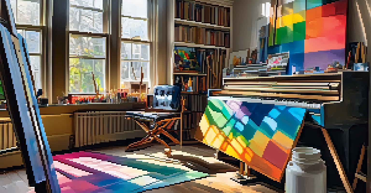 An artist's studio with colorful art supplies and a partially finished painting of a musical scene, illuminated by soft window light.