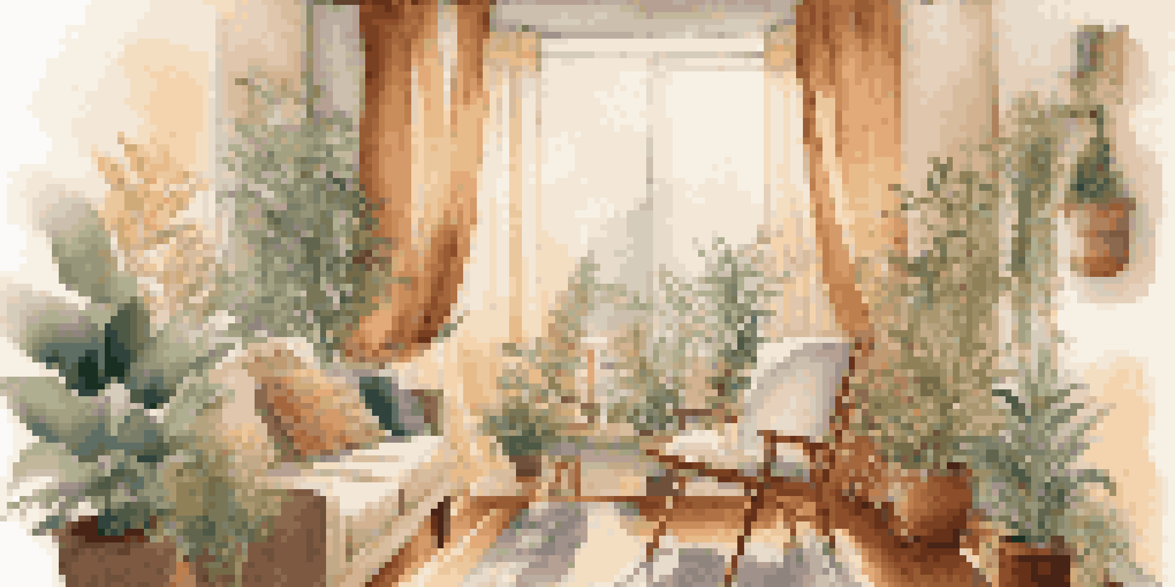 A person sitting in a cozy living room, listening to music with headphones, surrounded by plants and a cup of tea, with soft sunlight streaming in.