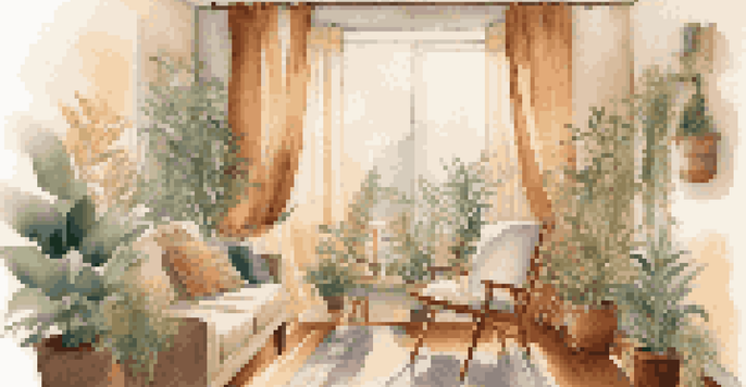 A person sitting in a cozy living room, listening to music with headphones, surrounded by plants and a cup of tea, with soft sunlight streaming in.