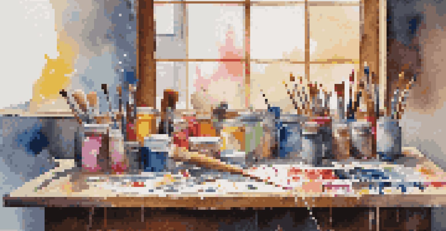 An artist's workspace with colorful paints, brushes, and a partially finished abstract canvas under natural light.