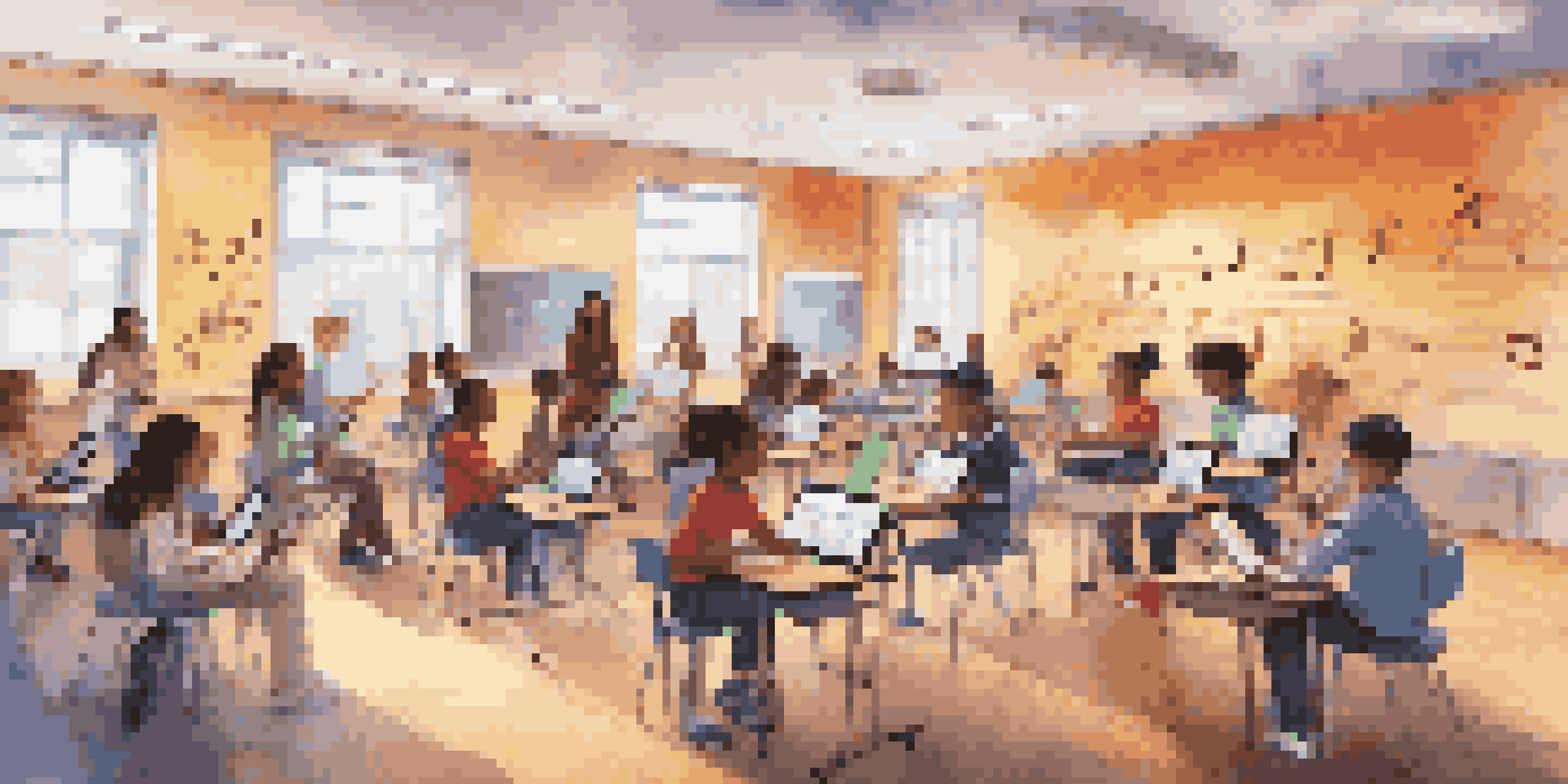 A colorful digital classroom where students are learning music through technology, surrounded by musical notes and instruments.