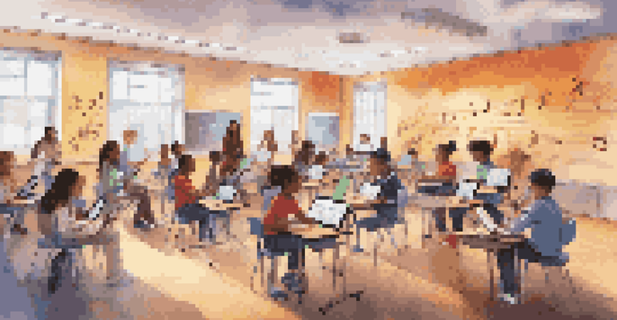 A colorful digital classroom where students are learning music through technology, surrounded by musical notes and instruments.