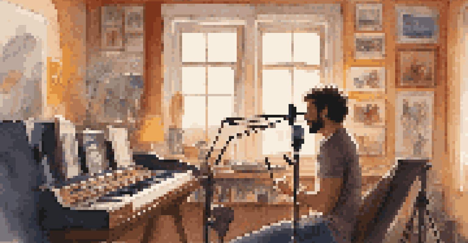 An artist recording vocals in a home studio, surrounded by instruments and warm lighting.