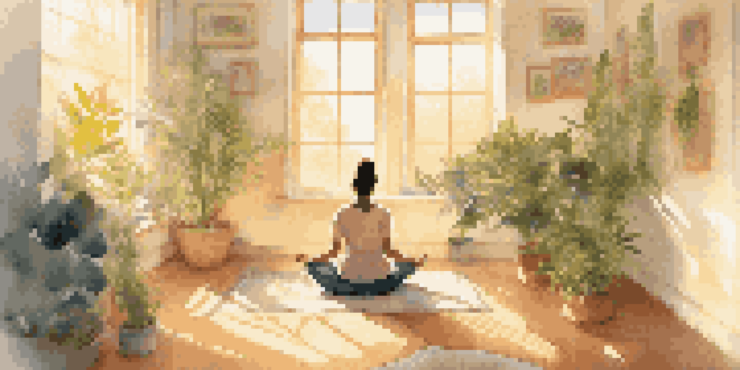 A person meditating in a bright room filled with plants, sunlight streaming through a window, creating a calm and peaceful environment.