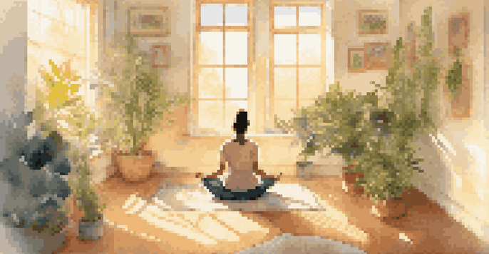 A person meditating in a bright room filled with plants, sunlight streaming through a window, creating a calm and peaceful environment.