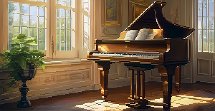 A close-up view of an open sheet music book on a piano with sunlight illuminating the pages and a softly blurred background of a music room.