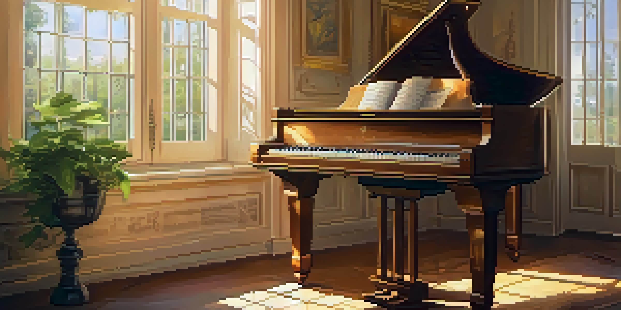 A close-up view of an open sheet music book on a piano with sunlight illuminating the pages and a softly blurred background of a music room.