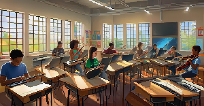 A diverse group of students in a bright classroom using tablets and smartphones for music learning, surrounded by musical instruments.