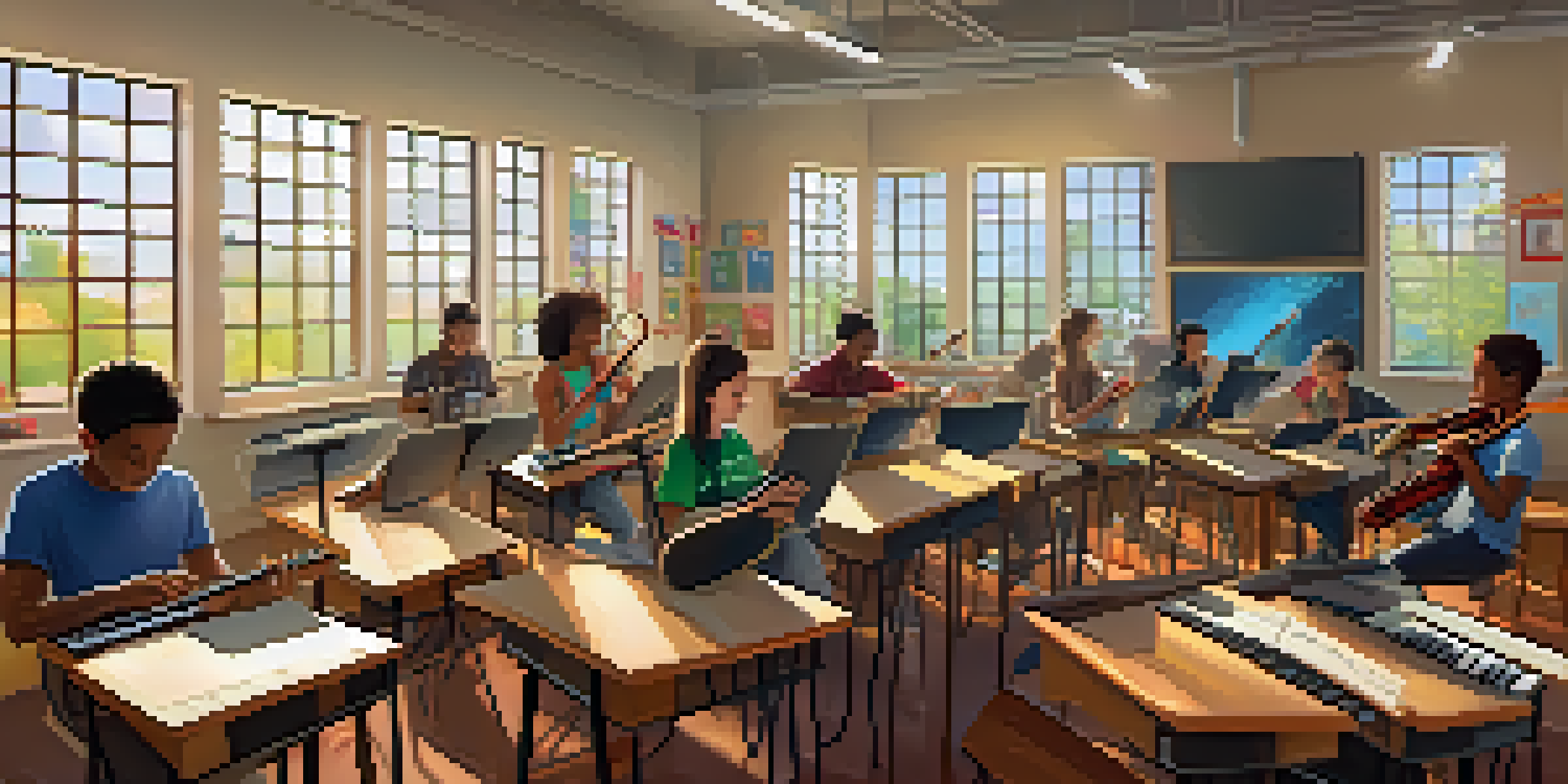 A diverse group of students in a bright classroom using tablets and smartphones for music learning, surrounded by musical instruments.