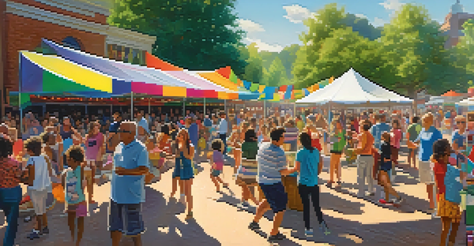 A lively community music festival with diverse attendees enjoying performances, surrounded by colorful decorations and food vendors.