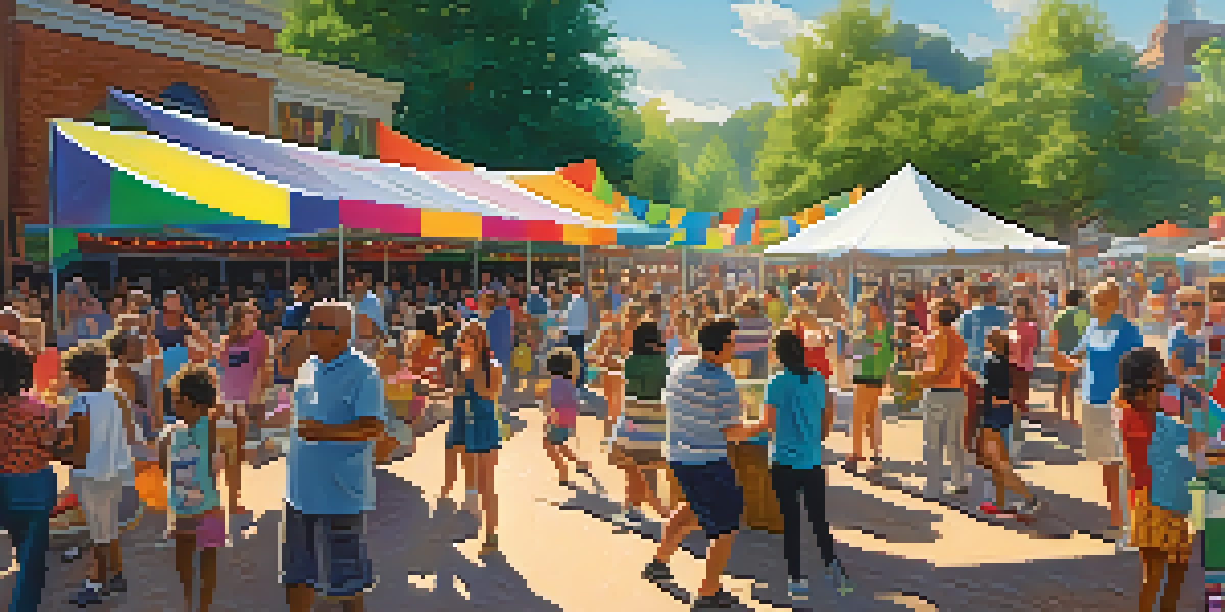 A lively community music festival with diverse attendees enjoying performances, surrounded by colorful decorations and food vendors.