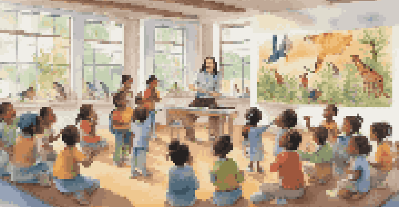 Children in a classroom singing about endangered species with instruments, engaging in an interactive music lesson.