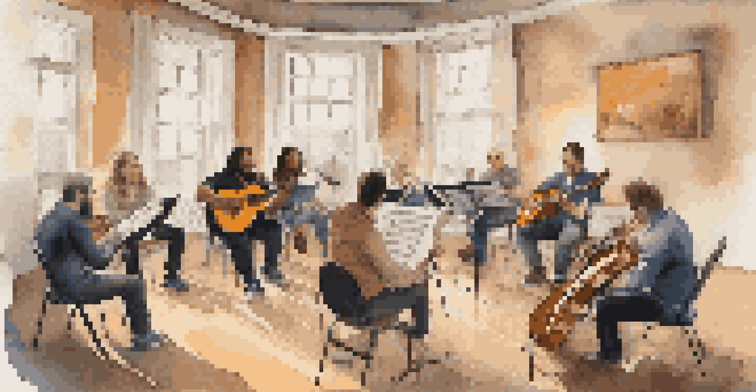 Musicians in a cozy rehearsal space, sitting in a circle and sharing ideas during a feedback session, with instruments and sheet music around.