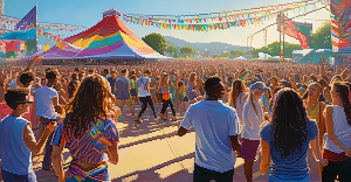 A lively music festival with a diverse crowd of young people dancing and enjoying live performances under a bright sun.