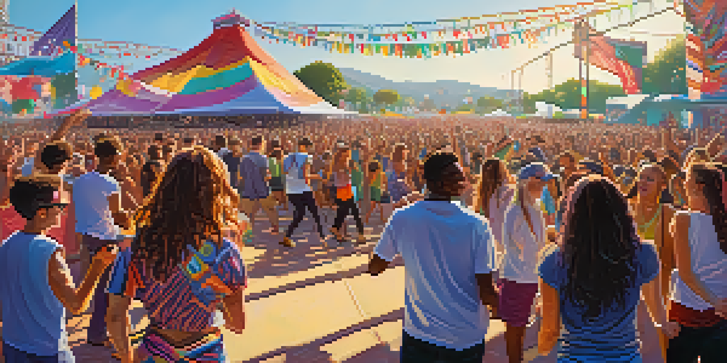 A lively music festival with a diverse crowd of young people dancing and enjoying live performances under a bright sun.
