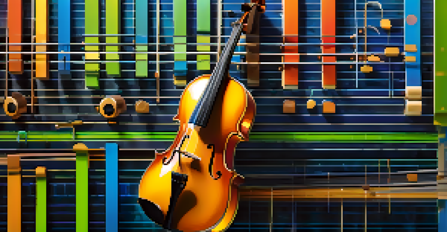 An abstract image showing the blend of traditional and digital music elements in film scoring.
