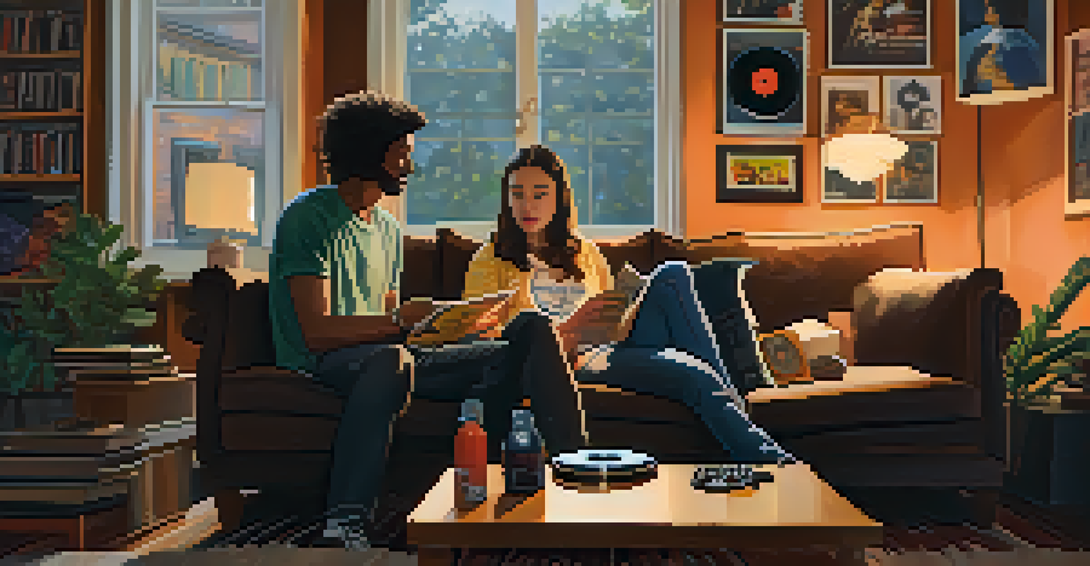 Two friends in a cozy living room sharing music and conversation.