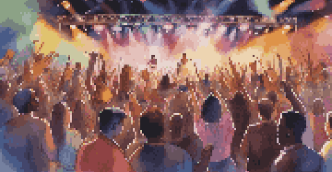 A lively music contest with diverse performers on stage and a cheering audience in the background, illuminated by colorful lights.