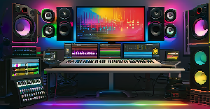 A colorful music production workspace with a computer screen showing a DAW interface, MIDI controllers, and sound samples under warm lighting.