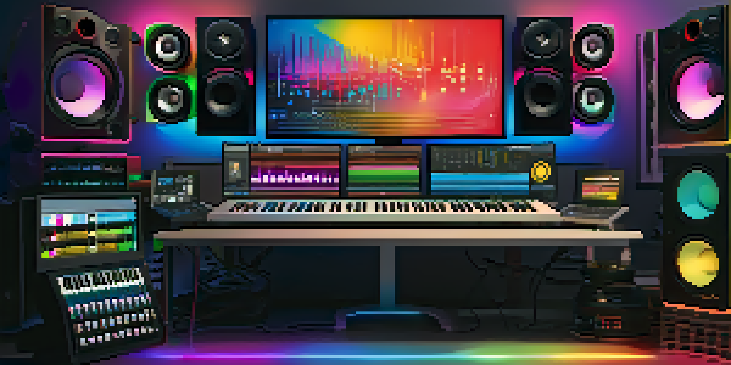 A colorful music production workspace with a computer screen showing a DAW interface, MIDI controllers, and sound samples under warm lighting.