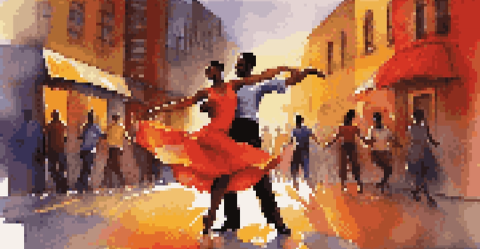 Two dancers performing salsa in an urban setting, surrounded by colorful street art and a warm sunset, highlighting their flowing outfits and energetic movements.