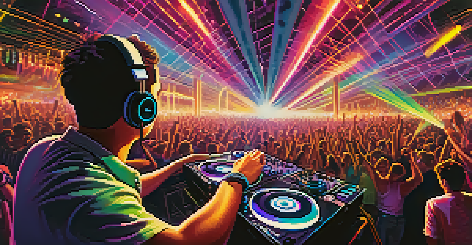 A DJ performs at a lively festival with colorful lights and a dancing crowd, illustrating the vibrant energy of electric music.
