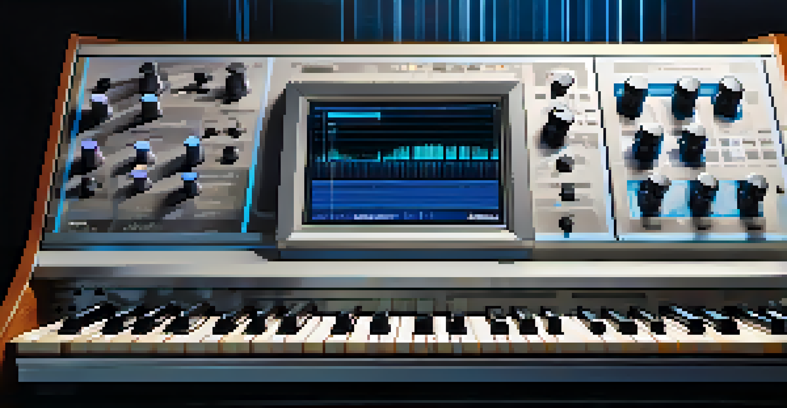 A digital synthesizer with a colorful display, set on a desk with music production software in the background under cool blue light.