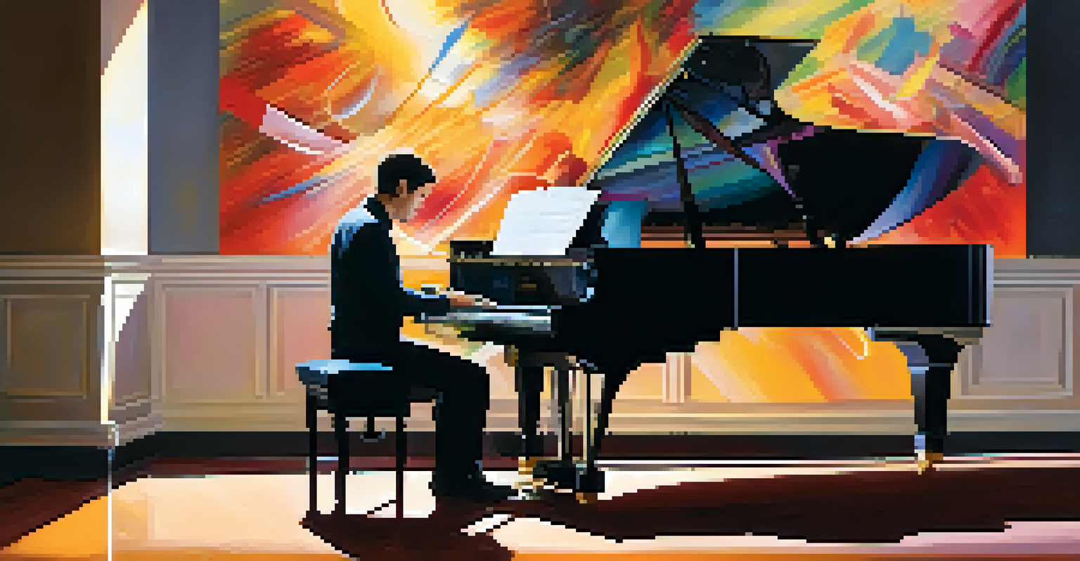A musician playing a grand piano in a dimly lit room, surrounded by musical notes and abstract art, highlighting a moment of deep expression.