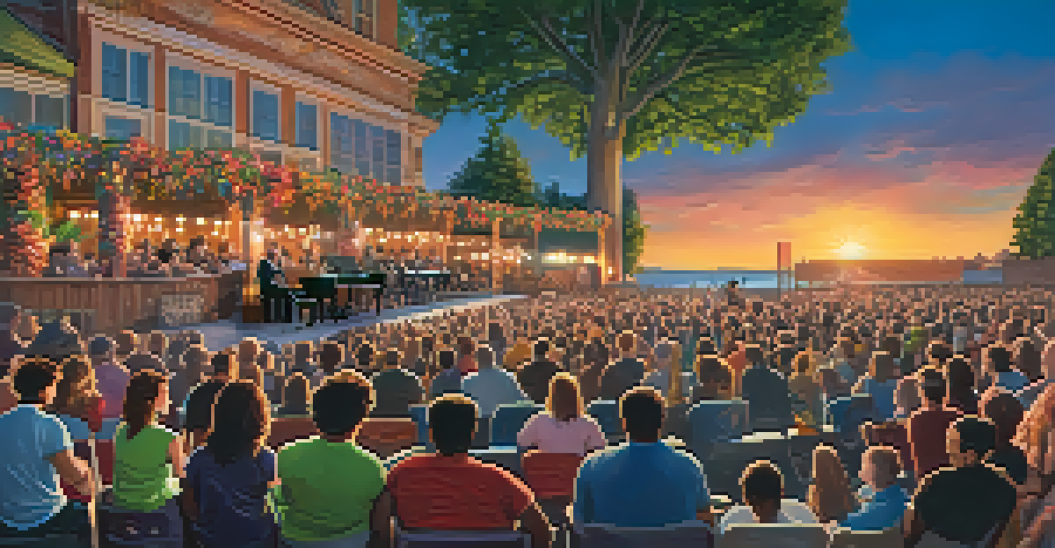 A concert stage with a band of disabled musicians performing against a stunning sunset, with an enthusiastic audience enjoying the music.