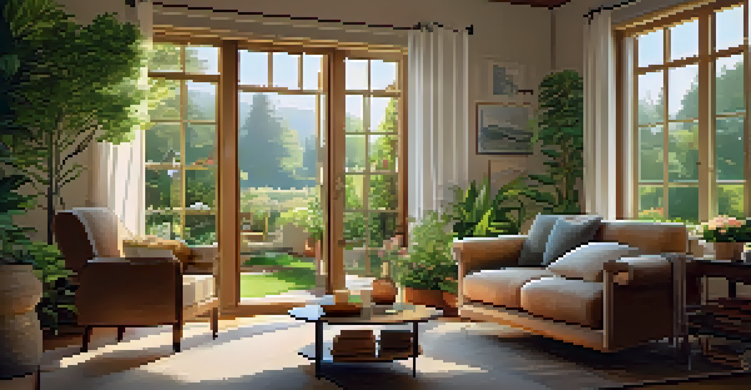 A cozy living room with a view of a garden, an armchair, and musical notes symbolizing nature sounds in the air.