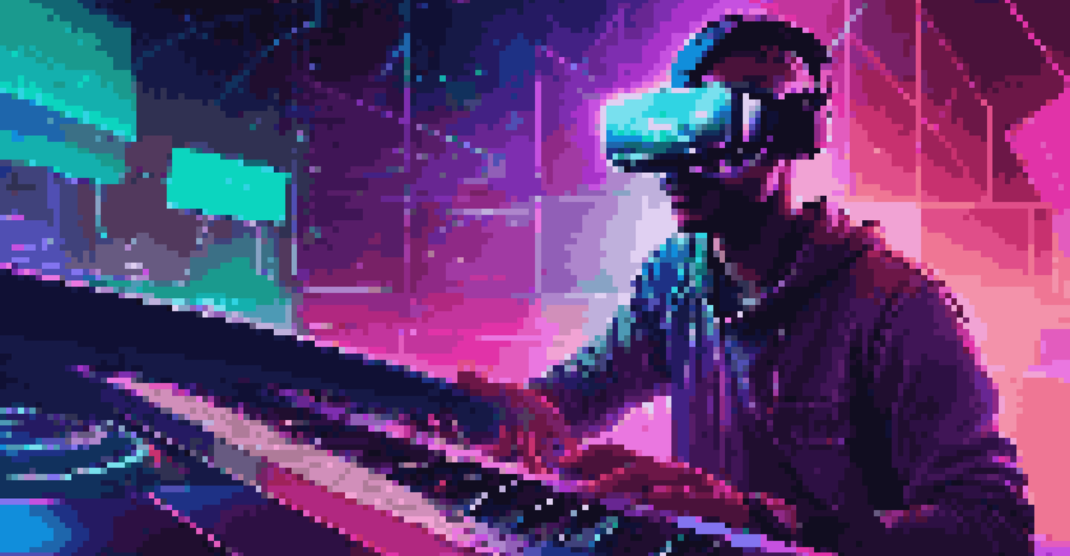 A musician wearing a VR headset in a futuristic studio, immersed in music creation with digital interfaces and vibrant lighting.