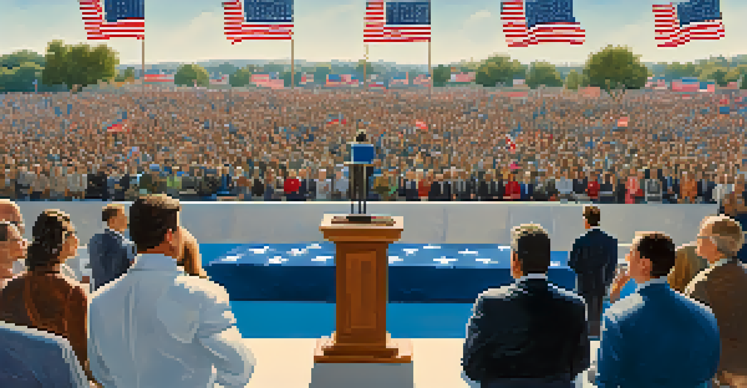 Candidates debating outdoors at podiums, with an engaged audience and clear blue sky.