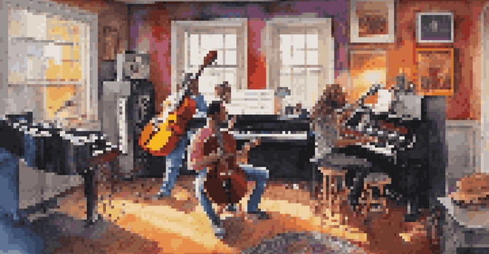 Two musicians in a modern recording studio, collaborating with a guitar and keyboard, surrounded by colorful instruments and soft natural light.