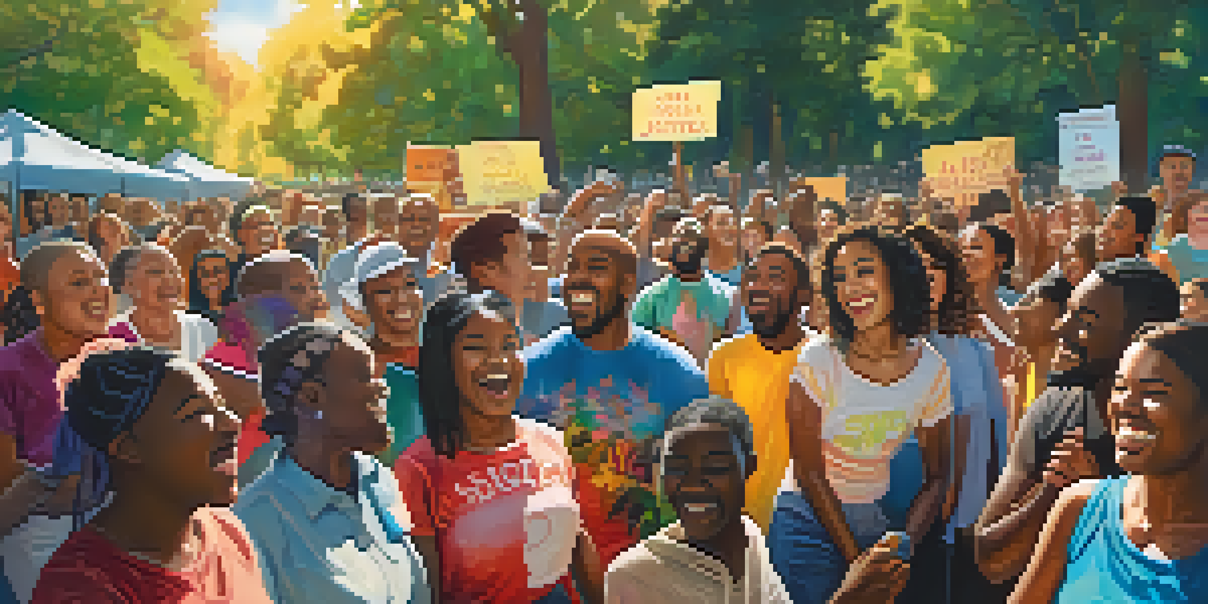 A community gathering in a park where diverse groups of people are singing together while holding colorful signs advocating for social justice.