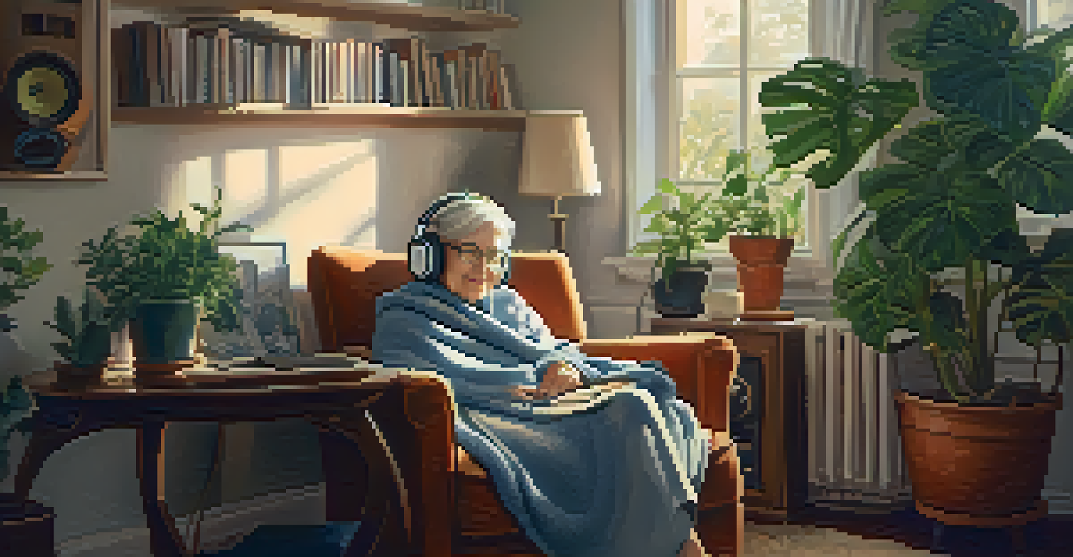An elderly woman wearing headphones, listening to music from a vintage record player in a cozy, nostalgic room.
