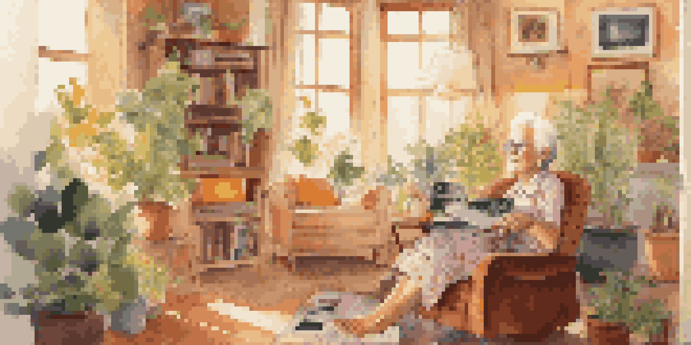 An elderly woman enjoying music in a bright living room filled with plants and family photos.