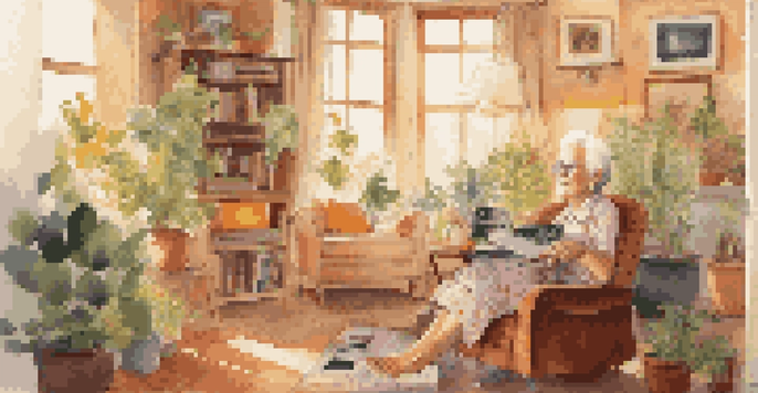 An elderly woman enjoying music in a bright living room filled with plants and family photos.