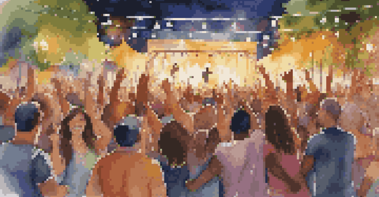 A lively outdoor concert with a diverse crowd dancing and singing, vibrant lights illuminating the stage, capturing a sense of joy and community.