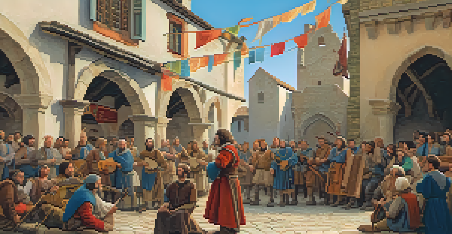 A troubadour playing music for a crowd in a medieval town square.
