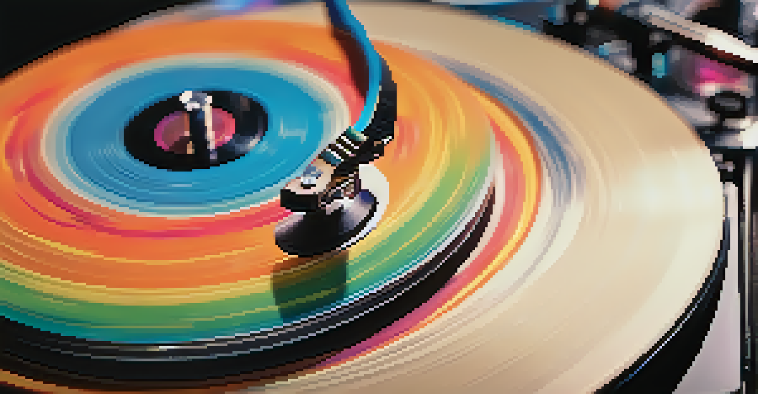 A close-up of a spinning vinyl record on a turntable, with colorful sound waves emanating from it, set against a softly blurred background.